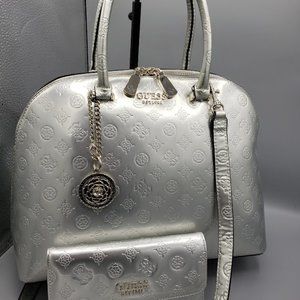 Guess Peony Dome Satchel and Wallet/Clutch in Silver